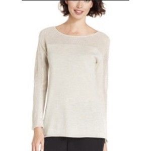 Eileen Fisher 100% Wool Contrast Sweater Lightweight Oatmeal Beige Mesh small